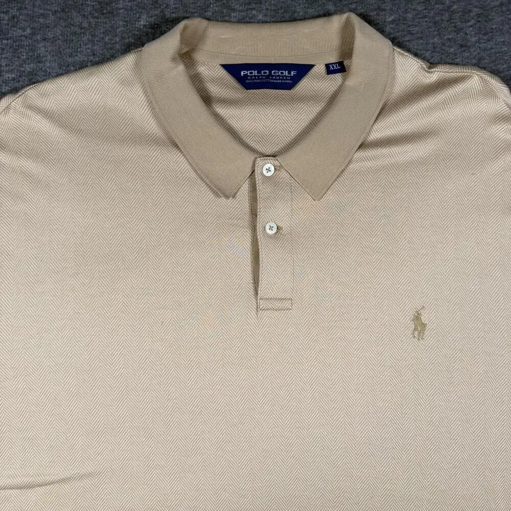 Polo Golf Ralph Lauren Polo Shirt Mens 2XL Beige Chevron Cotton Short Sleeve